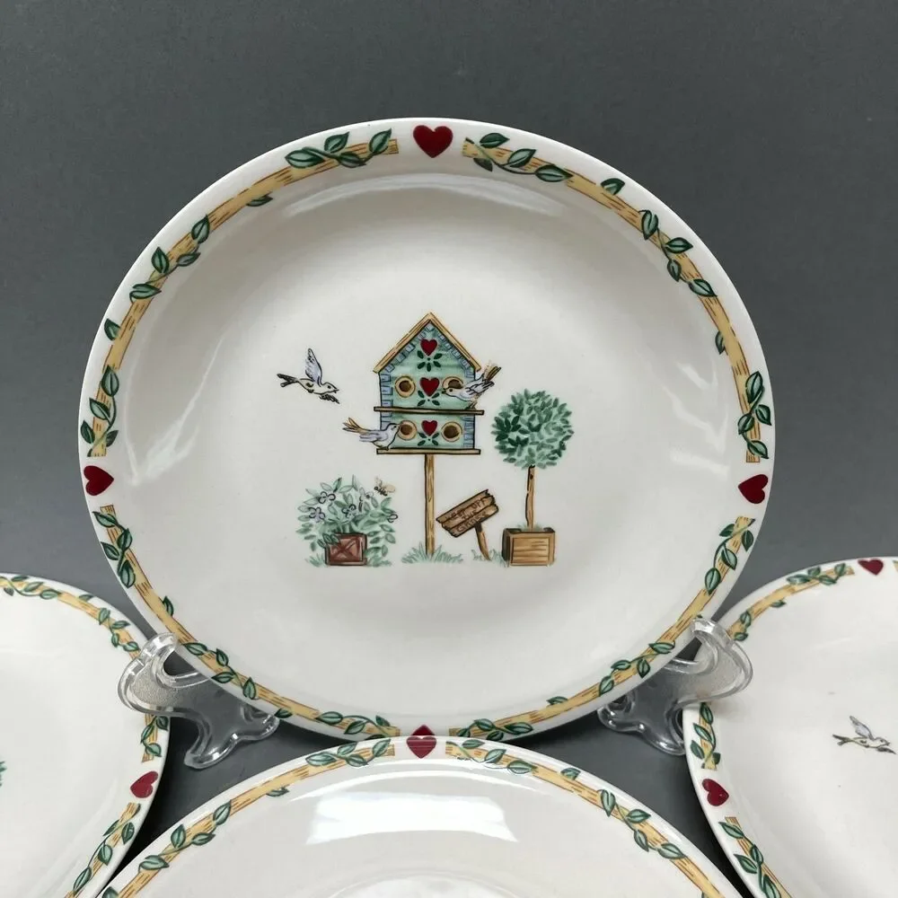 Thomson Pottery Salad Plates Birdhouse Birds Heart Vine Border 7 5/8